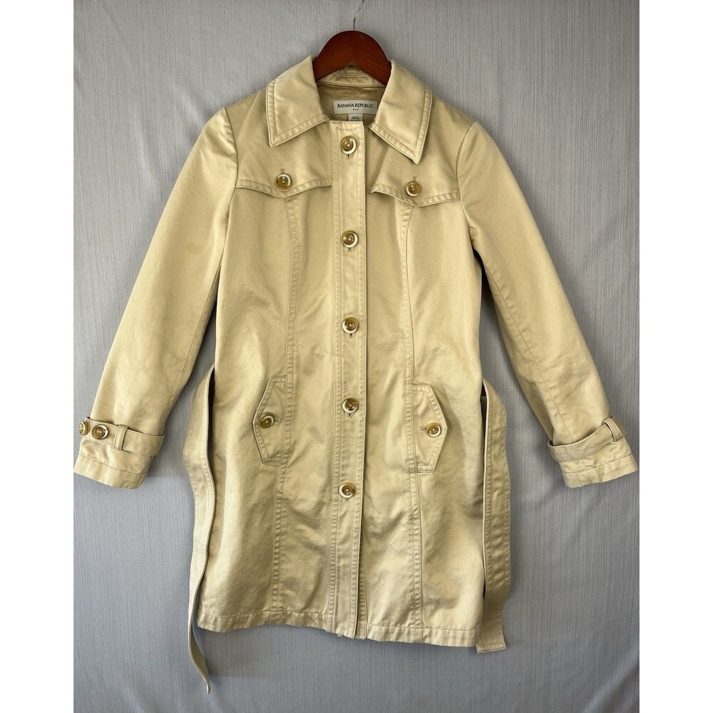 Quiet Luxury Preppy Belted Trench Coat Khaki Cotton Banana Republic‎ Factory M - Picture 3 of 14